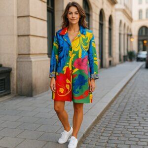 Vibrant Multicolor Baroque Print Longline Button-Down Shirt Dress – Size XXL